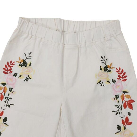 Umgee Wide Leg Crop Pants Womens Large White Floral Embroidered High Rise Cotton - Picture 2 of 10